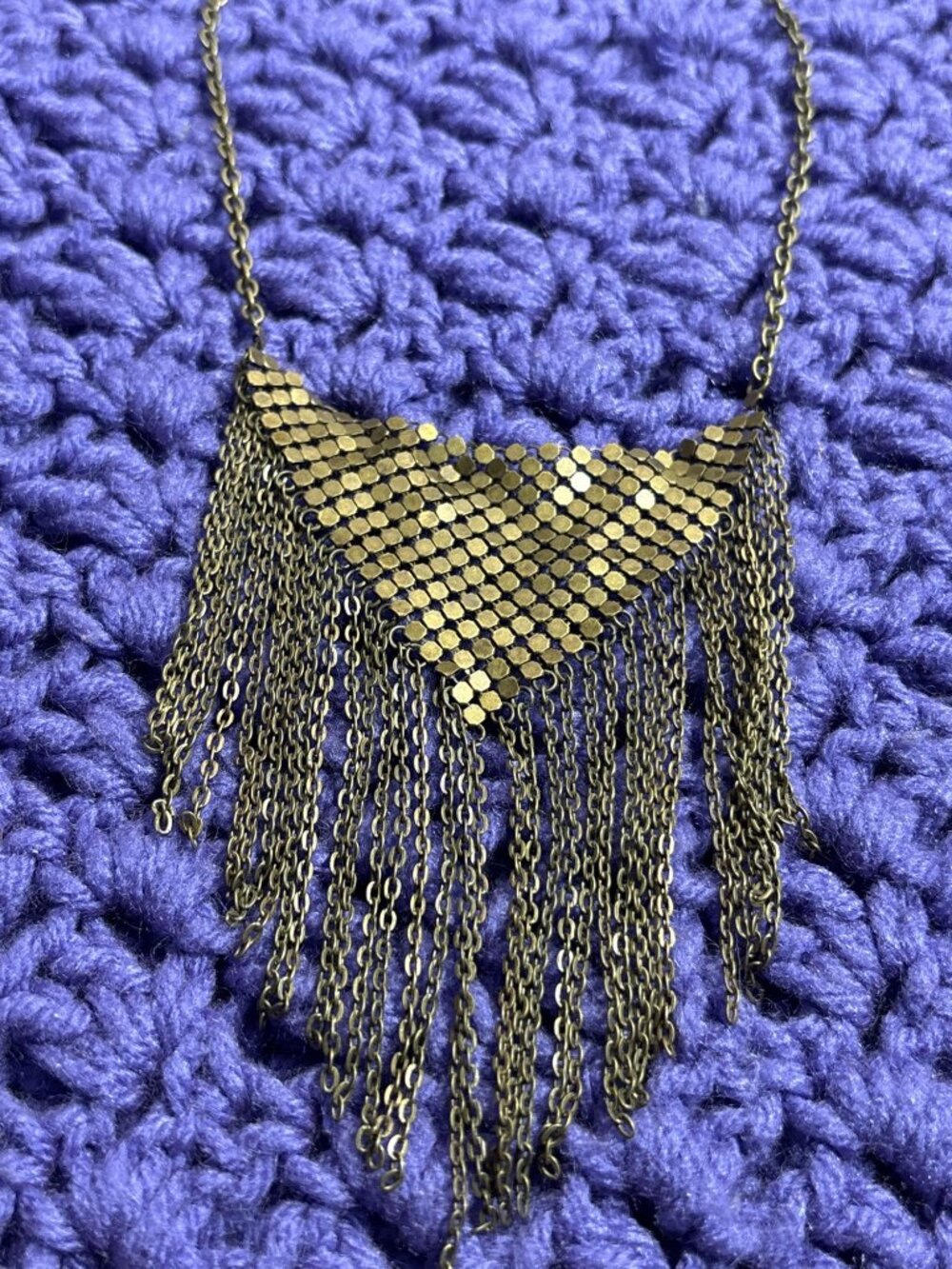 Vintage VLCM Brass Color Chainmail Necklace Chain Fringe 14 - 18 inches Long